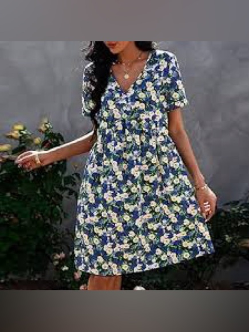 Blue Floral V-Neck Short Sleeve Mini Dress